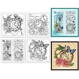 GLOBLELAND 4Pcs Mini Retro Clock Background Clear Stamps for DIY Scrapbooking Mini Flower Key Silicone Clear Stamp Seals Transparent Stamps for Cards Making Photo Album Journal Home Decoration