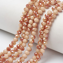 Honeyhandy Electroplate Opaque Solid Color Glass Beads Strands, Half Plated, Rainbow Plated, Faceted, Rondelle, PeachPuff, 4x3mm, Hole: 0.4mm, about 123~127pcs/strand, 16.5~16.9 inch(42~43cm)