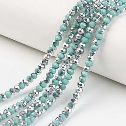 Honeyhandy Electroplate Opaque Glass Beads Strands, Half Silver Plated, Faceted, Rondelle, Light Sea Green, 4x3mm, Hole: 0.4mm, about 130pcs/strand, 16.54 inch(42cm)