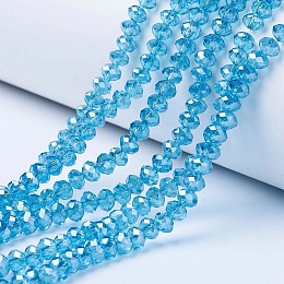 Honeyhandy Electroplate Glass Beads Strands, Pearl Luster Plated, Faceted, Rondelle, Deep Sky Blue, 10x8mm, Hole: 1mm, about 65~66pcs/strand, 20.8~21.2 inch(53~54cm)