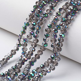 Honeyhandy Electroplate Transparent Glass Beads Strands, Half Multi-color Plated, Faceted, Rondelle, Silver, 4x3mm, Hole: 0.4mm, about 130pcs/strand, 16.54 inch(42cm)