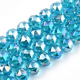 Honeyhandy Electroplate Transparent Glass Beads Strands, Faceted, Round, Deep Sky Blue, 8x7.5mm, Hole: 1mm, about 70pcs/strand, bout 70~72pcs/strand, 20.67 inch~21.26 inch(52.5~54cm)