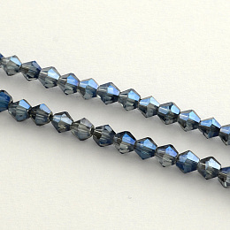 Honeyhandy Electroplate Glass Bead Strands, Rainbow Plated, Faceted Bicone, Marine Blue, 4x4.5mm, Hole: 1mm, about 92~96pcs/strand, 13.78~14.37 inch