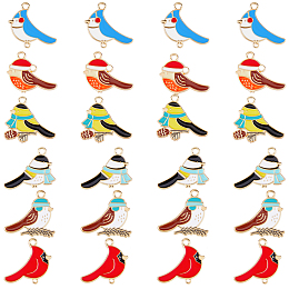 DICOSMETIC 24Pcs 6 Style Alloy Enamel Pendants, Bird with Hat & Scarf, Light Gold, Mixed Color, 20~23x24.5~25x1.5mm, Hole: 2mm, 4pcs/style