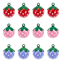 Gorgecraft 12Pcs 3 Colors Baking Painted Brass Bell Pendants, Strawberry Charm, Mixed Color, 21.5x17.5x17mm, Hole: 2mm, 4pcs/color