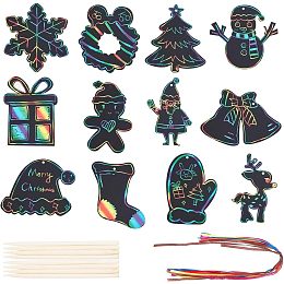 CREATCABIN 24Pcs 12 Styles Christmas Rainbow Scratch Paper Art Set Black Scratch It Off Magic Paper Crafts Supplies Hanging Decor Wooden Stylus for Christmas Tree Bulk Winter Party Home Classroom Gift