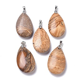 Honeyhandy Natural Picture Jasper Pendants, with Brass Finding, Teardrop, 35x20x7.5~9mm, Hole: 4x3.5mm