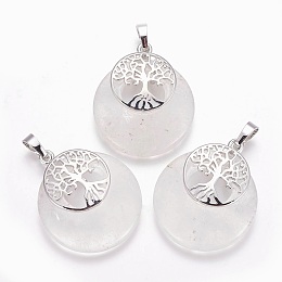 Honeyhandy Natural Quartz Crystal Pendants, Rock Crystal Pendants, with Platinum Tone Brass Findings, Flat Round with Tree of Life, 32.5~33x27.5~28x5~6mm, Hole: 5x7mm