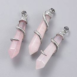 Honeyhandy Natural Rose Quartz Big Pointed Pendants, with Platinum Plated Brass Bails, Faceted, Bullet with Snake, 59~61.5x11~12x11~12mm, Hole: 5x8mm