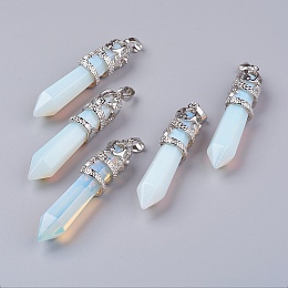 Honeyhandy Opalite Big Pointed Pendants, with Alloy Findings, Faceted, Bullet, Platinum, 59~63x11~12mm, Hole: 4x7mm