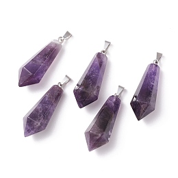 Honeyhandy Natural Amethyst Pointed Pendants, with Platinum Plated Brass Loops, Bullet, 35.3~38x13~14mm, Hole: 6.5x2.8mm