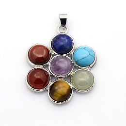 Honeyhandy Platinum Plated Flower Brass Gemstone Pendants, Chakra Jewelry, Mixed Stone, 41x33x8mm, Hole: 4x7mm