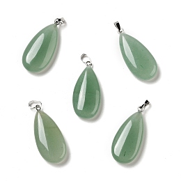 Natural Green Aventurine Pendants, with Platinum Tone Brass Findings, Teardrop, 33x15x7~7.5mm, Hole: 5x3.5mm