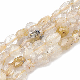 Honeyhandy Natural Gold Rutilated Quartz Beads Strands, Oval, 5~15x4~10x2~6mm, Hole: 1mm, about 40~60pcs/strand, 15.7 inch