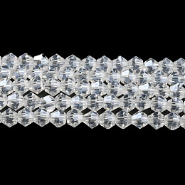 Honeyhandy Transparent Electroplate Glass Beads Strands, Pearl Luster Plated, Faceted, Bicone, Clear, 4x4mm, Hole: 0.8mm, about 87~98pcs/strand, 12.76~14.61 inch(32.4~37.1cm)