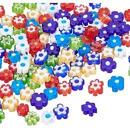 Pandahall Elite 120pcs 8 Styles Millefiori Flower Lampwork Glass Beads Glass Coin Beads Flat Round Flower Spacer Bead for DIY Jewelry Necklace Bracelet Anklet Making, Hole: 1mm