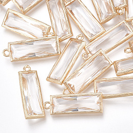 Honeyhandy Glass Pendants, with Brass Findings, Faceted, Rectangle, Golden, Clear, 26x9x5mm, Hole: 1.6mm