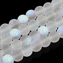 Honeyhandy Transparent Frosted Glass Beads Strands, Half AB Color Plated, Round, WhiteSmoke, 8x7mm, Hole: 1mm, about 51~55pcs/strand, 14.37~15.55 inch(36.5~39.5cm)