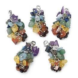 Honeyhandy Natural Chip Gemstone Pendant Decorations, with Brass Lobster Claw Clasps, Platinum, Mixed Color, 50x15mm