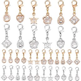 PandaHall 6 Styles Cubic Zirconia Pendant Charm with Lobster Dangle Star/Heart/Flower/Drop/Round/Square Alloy Rhinestone Charm Clip on Pendant for Keychain Necklace Earring Jewelry, Golden/Platinum