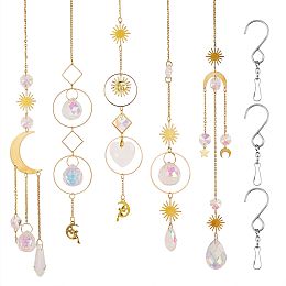 Honeyhandy Brass Wind Chime Ornament, Moon & Star & Sun & Fairy & Ring & Rhombus with Glass Beads, for Wall Hangings Decoration, with Stainless Steel Swivel Hooks Clips, Mixed Color, 410~470mm, Hole: 11mm, 1pc/style