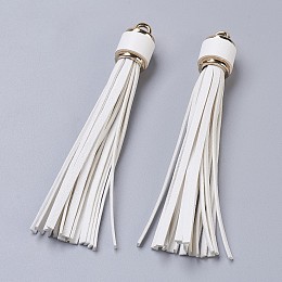 Honeyhandy PU Leather Cord Tassel Big Pendants, with Plastic Clasps, White, 110~115x15mm, Hole: 4mm