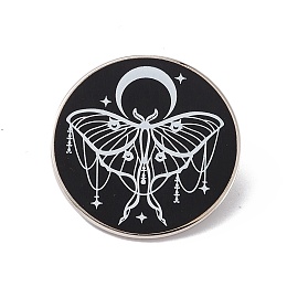 Honeyhandy Moon With Moth Enamel Pin, Platinum Brass Flat Round Brooch for Backpack Clothes, Black, 30.5x2mm, Pin: 1.2mm.