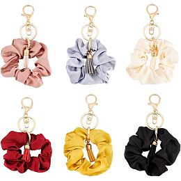 FINGERINSPIRE 6pcs Stretchy Scrunchie Wristlet Bracelet Keychain Cloth Elastic Hair Ties Soft Removable Hair Keyring with Faux Suede Tassel Pendant, for Woman Bag Car Decoration Keychain, 6.6inch