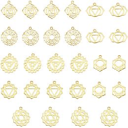 FINGERINSPIRE 28 Pcs 7 Styles Chakra Energy Charms 18K Gold Plated Brass Yoga Charms Chakra Lotus Charms Yoga Energy Lotus Flower Charms Seed of Life Charms Pendants for DIY Jewelry Making Supplies