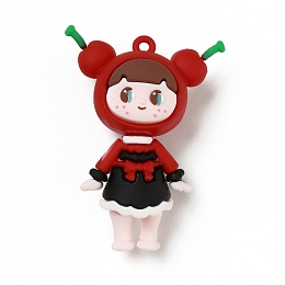 Honeyhandy PVC Plastic Pendants, Girl with Cherry, Red, 65x48x25mm, Hole: 3mm