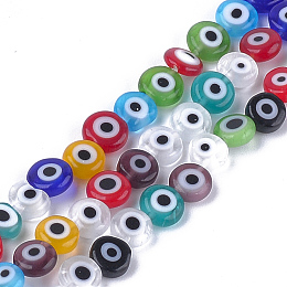 Honeyhandy Handmade Evil Eye Lampwork Beads Strands, Flat Round, Mixed Color, 6x2.5mm, Hole: 1mm, about 64~65pcs/strand, 14.1 inch~14.5 inch