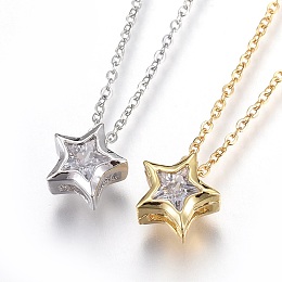 Honeyhandy 304 Stainless Steel Brass Cubic Zirconia Pendant Necklaces, Star, Clear, Mixed Color, 17.8 inch(45.5cm), Pendant: 8x8x4mm