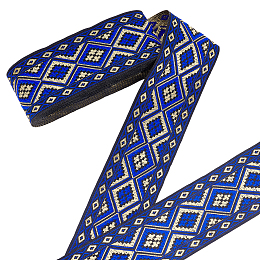 PandaHall Elite Ethnic Style Polyester Trim, Polyester Ribbon For Sewing Decoration, Flat with Rhombus Pattern, Blue, 2 inch(50mm), about 7.66 Yards(7m)/Bundle