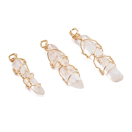 Honeyhandy Natural Quartz Crystal Pendants, with Golden Copper Wire Findings Wrapped, Bullet, 27.5~40x7~9x7.5~9mm, Hole: 2mm