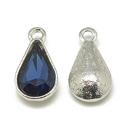 Honeyhandy Alloy Glass Pendants, Faceted, teardrop, Platinum, Prussian Blue, 18x10x5mm, Hole: 2mm