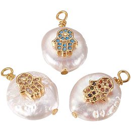 CHGCRAFT 10Pcs Natural Pearl Pendants Hamsa Hand Shaped Charms with Cubic Zirconia and Brass Findings Flat Round Golden and Mixed Color Findings for DIY Jewelry Making