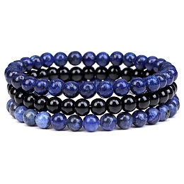 Honeyhandy 3Pcs 3 Style Natural Lapis Lazuli & Black Agate Round Beaded Stretch Bracelets Set, Gemstone Stackable Bracelets for Woman, Wide: 6mm, 7-1/4~7-1/2 inch(18.5~19cm), 1Pc/style