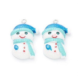 Honeyhandy Resin Pendants, for Christmas Festival, with Platinum Iron Peg Bail, Glitter Powder, Snowman, Blue, 31x21x7mm, Hole: 2mm