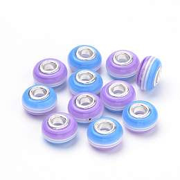 Honeyhandy Resin European Beads, Large Hole Beads, with Silver Plated Brass Double Cores, Stripe, Rondelle, Medium Purple, 14x8~8.5mm, Hole: 5mm