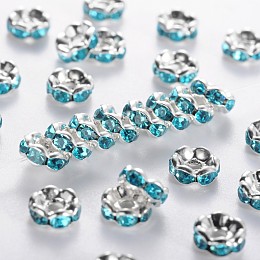 Honeyhandy Brass Rhinestone Spacer Beads, Grade A, Blue Rhinestone, Silver Color Plated, Nickel Free, about 6mm in diameter, 3mm thick, hole: 1mm