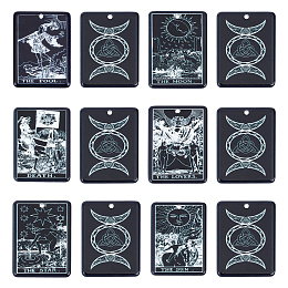 SUNNYCLUE 24Pcs 6 Style Printed Opaque Acrylic Pendants, Rectangle with Tarot Pattern, Black, 35x26x2mm, Hole: 1.8mm