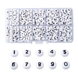 Honeyhandy Acrylic Beads , Flat Round with Number 0~9, Black & White, Mixed, 7x4mm, Hole: 1.3mm, 10 numbers, about 72pcs/number, 720pcs/box