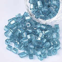 Honeyhandy 6/0 Glass Seed Beads, Transparent Colours Luster, Square Hole, Cube, Steel Blue, 6/0, 3~5x3~4x3~4mm, Hole: 1.2~1.4mm, about 4500pcs/bag