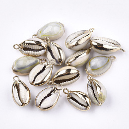 Honeyhandy Cowrie Shell Pendants, with Brass Findings, Golden, 18~20x11~13x7~8mm, Hole: 1.5mm