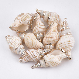 Honeyhandy Electroplate Spiral Shell Pendants, with Iron Findings, Golden, Seashell Color, 27~41x13~20x12~18mm, Hole: 1.5~1.8mm