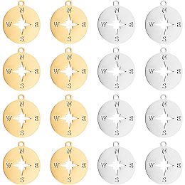 DICOSMETIC 20Pcs 2 Colors Compass Pendant Charm Gold Color Nautical Charm Vintage Anchor Pendant Good Luck Charm Stainless Steel Flat Round Charms for DIY Craft Jewelry Making, Hole: 1.4mm