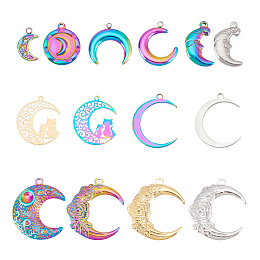 Arricraft 28 Pcs 14 Styles Moons Stainless Steel Pendants, Plated Moons Pendant with Cat Rosette Flat Round Accessories DIY Applicable Necklace Bracelet Earrings Key Chain Decorations