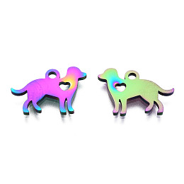 Honeyhandy Ion Plating(IP) 304 Stainless Steel Puppy Pendants, Dog with Heart Charms, Rainbow Color, 11x15.5x1mm, Hole: 1.5mm