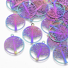 Honeyhandy Ion Plating(IP) 201 Stainless Steel Filigree Pendants, Etched Metal Embellishments, Flat Round with Tree of Life, Rainbow Color, 23x20x0.3mm, Hole: 1.2mm