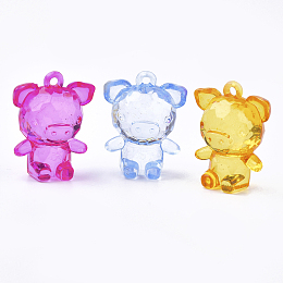 Honeyhandy Transparent Acrylic Pendants, Faceted, Cartoon Piggy Charms, Mixed Color, 41.5x32x23mm, Hole: 3mm, about 45pcs/500g